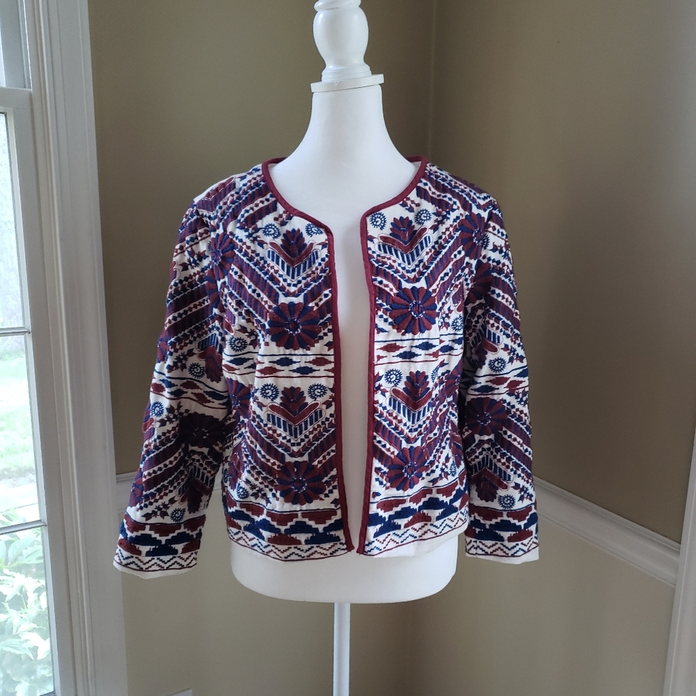 Anthroplogie navy& maroon embroidered jacket, size XS